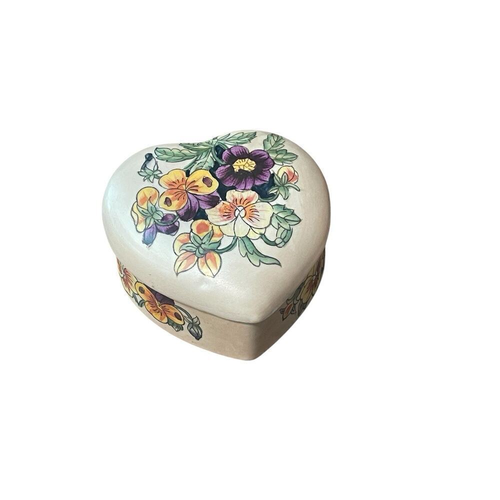 Vintage Chinese Heart Ceramic Trinket Box Hand Painted Floral Whimsical Feminine